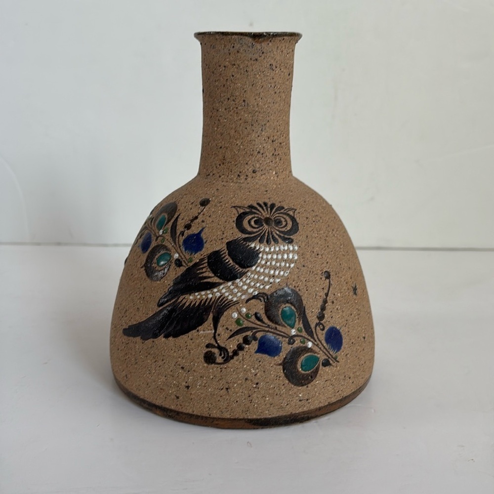 Mexican Tonala art stoneware pottery owl vase